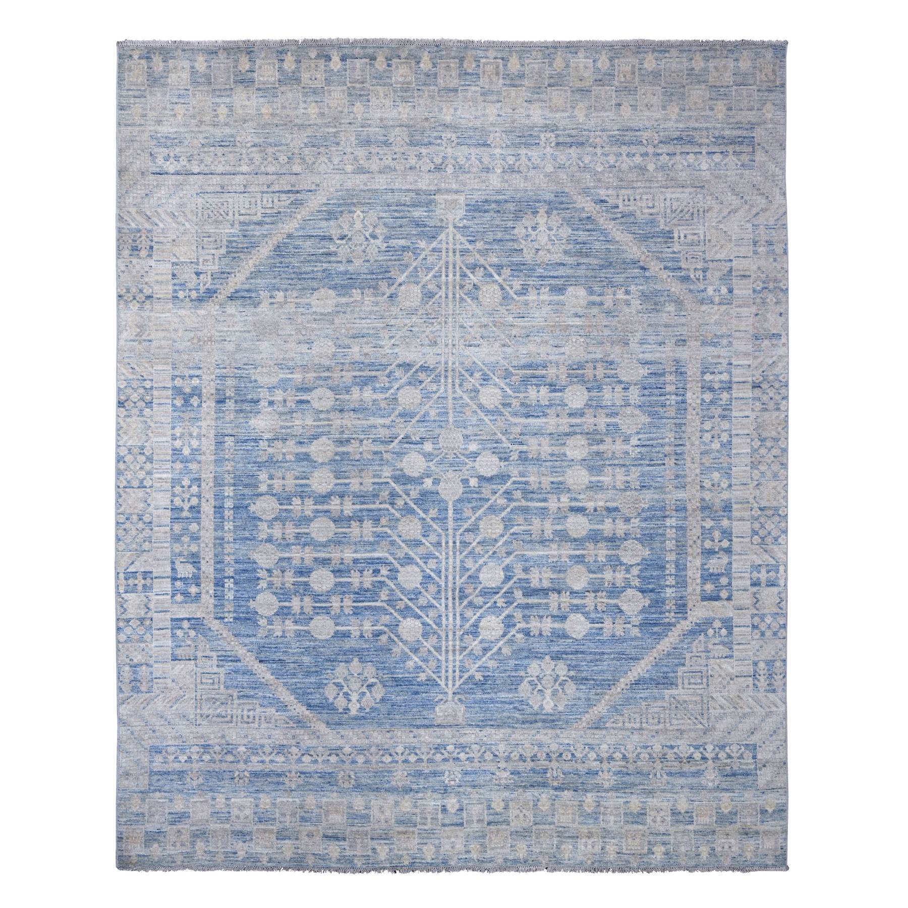 8'x9'9" Carolina Blue, Washed Out Afghan Peshawar, Khotan with Pomegranate Design, Distinct Abrash, Hand Knotted, 100% Wool, Oriental Rug 